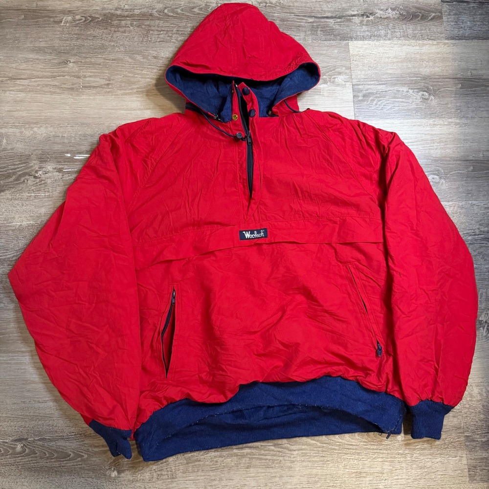 Woolrich Vintage Mens Red Anorak Pullover Hooded Jacket Made in USA Size L